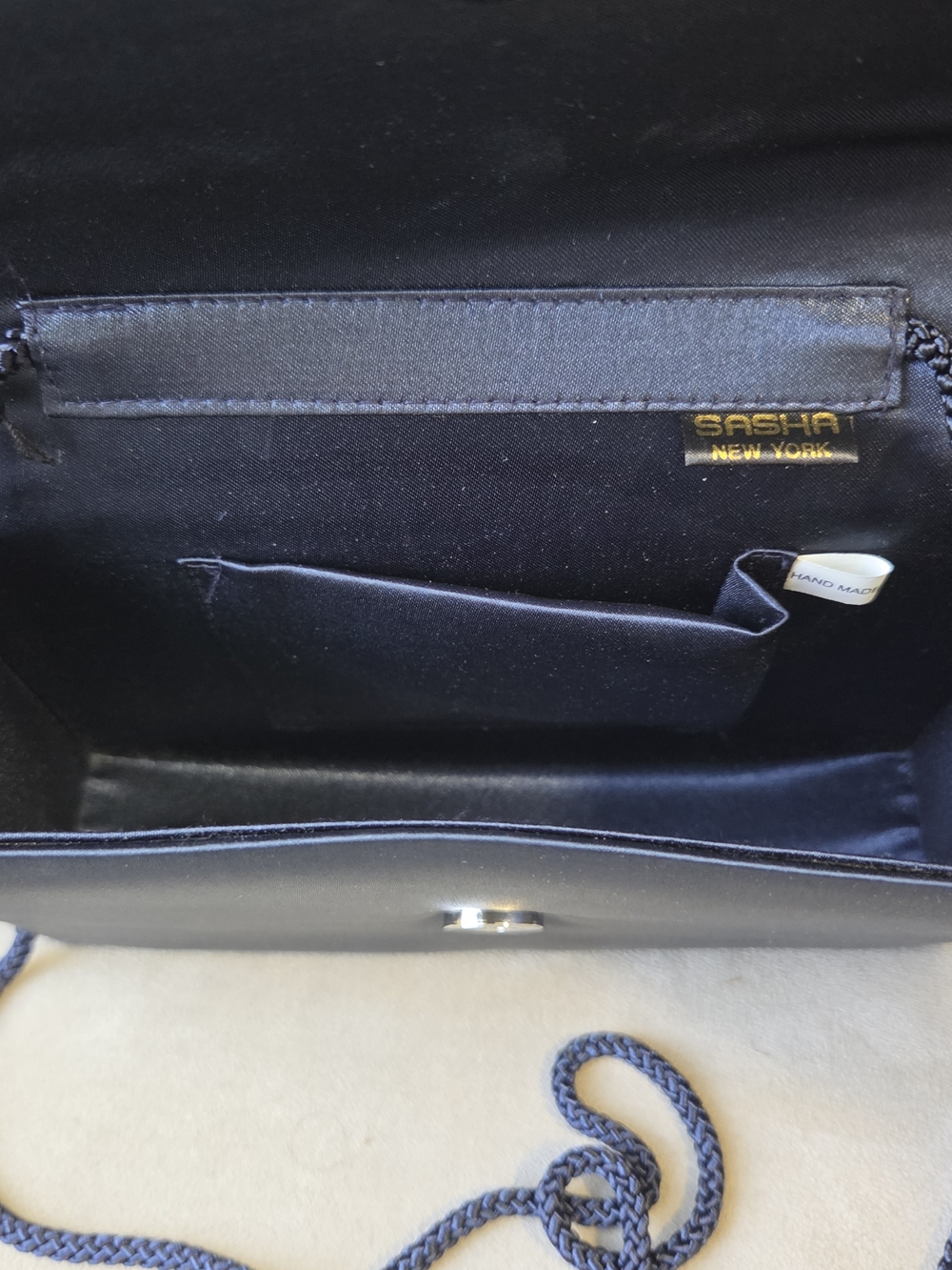 Sasha New York Vintage Beaded Evening Clutch Bag Handbag Satin Black Flap - Picture 6 of 8